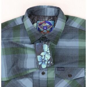 Retro Rifle Shirt Mens Small Blue Green Plaid Flannel Long Sleeve Retro World